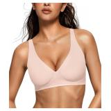 OEAK Womens Deep V Bras Wireless Comfortable Bra Supportive No Underwire Bras Tshirt Push Up Bralettes Plunge Seamless Bra Skin Color L