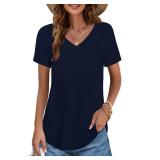 Elesomo Women V Neck T Shirts Cotton Casual Short Sleeve Basic Tee Tops, Navy M