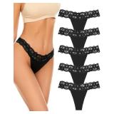 voenxe Seamless Lace Thongs for Women No Show Thong Underwear,Lady Breathable Comfort Panty Soft Laser Cut Undie,Tanga,5-Pack Black, S