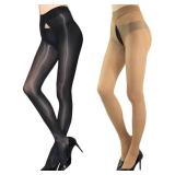 HTRUIYA 2 Pairs Shiny Pantyhose for Women 8D Sheer Tights Oily Gloss Pantyhose Invisible Zip Tights Smooth Stockings