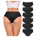 Riozz Sexy Seamless Underwear Wave Edge No Show Bikini Panties V-waist Ice Silk Hipster Lady Cheeky Invisibles Briefs 6 Pack Black, XL
