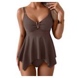 Aidonger Tankini Swimsuits for Women Tummy Control Two Piece Bathing Suit V Wire Neck Flowy Swimwear Top with Bottom Coffee, XL