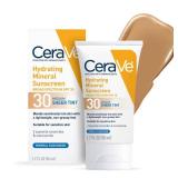 CeraVe Hydrating Mineral Sunscreen SPF 30 with Sheer Tint, Tinted Mineral Sunscreen with Zinc Oxide & Titanium Dioxide, Blends Seamlessly For Healthy Glow, Medium, 1.7 Fluid Ounce