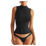 EasyGala Women Sleeveless Mock Turtle Neck Tops Double Lined Fitted Tank Tops Basic T Shirts Business Going Out Tops Summer Clothes 2025 Black Small