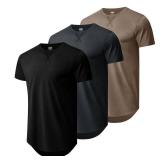 Mens 3 Pack Cotton Hipster Longline T Shirts Curved Hem Plain Hip Hop Short Sleeve Tee Fitted Casual Drop Cuts Crewneck (L)