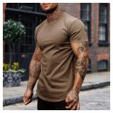 Mens 3 Pack Cotton Hipster Longline T Shirts Curved Hem Plain Hip Hop Short Sleeve Tee Fitted Casual Drop Cuts Crewneck (L)