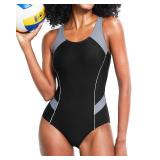 Tempt Me Women One Piece Swimsuits Athletic Racerback Swimwear Training Exercise Slimming Bathing Suit Black Gray L
