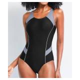 Tempt Me Women One Piece Swimsuits Athletic Racerback Swimwear Training Exercise Slimming Bathing Suit Black Gray L