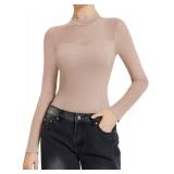Avidlove Long Sleeve Bodysuits for Women Mock Neck Sheer Mesh Sleeve Bodysuit Double Lined Leotards Shirt Going Out Top, S/M