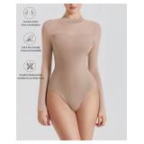 Avidlove Long Sleeve Bodysuits for Women Mock Neck Sheer Mesh Sleeve Bodysuit Double Lined Leotards Shirt Going Out Top, S/M