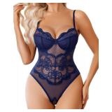 Avidlove Lingerie for Women Lace Bodysuit V Neck Teddy One Piece Babydoll Nightgown Navy Blue Large