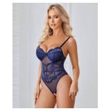 Avidlove Lingerie for Women Lace Bodysuit V Neck Teddy One Piece Babydoll Nightgown Navy Blue Large