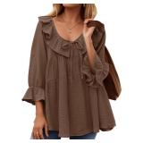 ZESICA Womens Scoop Neck 3/4 Length Sleeve Tops 2025 Casual Tie Front Ruffle Tiered Loose Tunic Shirts Blouses Fall Outfits,Brown,X-Large