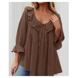 ZESICA Womens Scoop Neck 3/4 Length Sleeve Tops 2025 Casual Tie Front Ruffle Tiered Loose Tunic Shirts Blouses Fall Outfits,Brown,X-Large