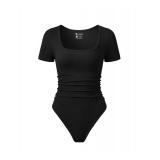 OQQ Women Bodysuits Ruched Short Sleeve Square Neck Stretch Lounge Travel Bodysuits Black, M