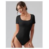 OQQ Women Bodysuits Ruched Short Sleeve Square Neck Stretch Lounge Travel Bodysuits Black, M