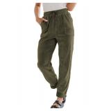 EVALESS Casual Corduroy Pants for Women Fall Winter Fashion 2025 Drawstring Elastic Waist Pants Comfy Straight Leg Trousers with Pockets Jungle Green Medium