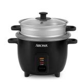 Aroma 6 Cup Rice Cooker with Outer Steam Tray Black