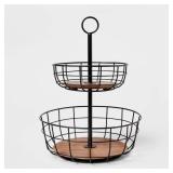 Iron and Mangowood Wire 2-Tier Fruit Basket Black - Threshold: Traditional Round Produce Holder, Mango Wood & Iron