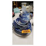 Blue and White Transferware Tea Set with Decorative Eggs