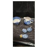 Blue and White Transferware Tea Set with Decorative Eggs