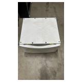 Washer/Dryer Pedestal with Storage Drawer - White - no brand markings - 27" W x 26" D x 15" H. 25.5" length between middle of holes for feet. Drawer doesn