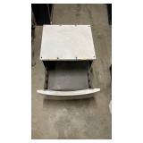 Washer/Dryer Pedestal with Storage Drawer - White - no brand markings - 27" W x 26" D x 15" H. 25.5" length between middle of holes for feet. Drawer doesn