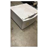 Washer/Dryer Pedestal with Storage Drawer - White - no brand markings - 27" W x 26" D x 15" H. 25.5" length between middle of holes for feet. Drawer doesn
