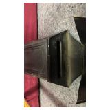 Vintage Wall Mountable Black Metal Mailbox with hinged lid and letter slot.
