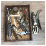 Traditional Woodworking Hand Tools in Wooden Box - metal can tappers, file, nut wrenches, box knife, and more. Includes 2 tiny vintage tin cans filled with nails/staples