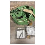 3 Canvas Parachute Drawstring Hardware bags filled with nails (2 green, 1 blue - see extra photo).