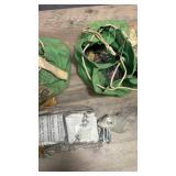 3 Canvas Parachute Drawstring Hardware bags filled with nails (2 green, 1 blue - see extra photo).