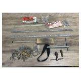 Misc.metal tools and hardware - lightweight chain, shelf brackets, metal block, ceiling hooks, and more