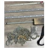 Misc.metal tools and hardware - lightweight chain, shelf brackets, metal block, ceiling hooks, and more