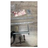 Misc.metal tools and hardware - lightweight chain, shelf brackets, metal block, ceiling hooks, and more