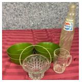 Vintage Pepsi Glass Bottle, 4 MCM plastic bowls, Avon glass basket, and a juice glass shaped like a beer mug