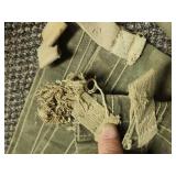 Olive Green Military Grade Canvas Tarp with edge loops for straps - has a few small spots where fabric is worn through, and one corner loop is broken  - approx 106" L x 64" W (musty smell from being i