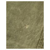 Olive Green Military Grade Canvas Tarp with edge loops for straps - has a few small spots where fabric is worn through, and one corner loop is broken  - approx 106" L x 64" W (musty smell from being i