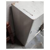 White Metal Storage Cabinet with Adjustable Shelves. 25"W x 12"D x 30"H  wall mountable.  Some patina and finish wear (dirt inside shelves)