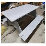 Gray picnic table - no screws needed to assemble. Only Partially assembled for pics, needs a soft mallet to help fully assemble as joints are tight - approx 48" W x 48" L - overall good conditon