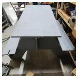 Gray picnic table - no screws needed to assemble. Only Partially assembled for pics, needs a soft mallet to help fully assemble as joints are tight - approx 48" W x 48" L - overall good conditon