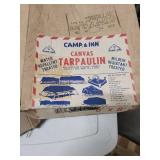 Camp Inn 8x8 Canvas Tarpaulin in original box - says Mildew resistant but it may have some mildew spots showing on it (looks unused though) has musty smell from being in storage/box