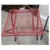 Two small metal patio folding tables - Red and Blue - decent sturdy condition. Minor paint wear and a small amount of patina  - each measures 16" W x 16" D x 16.75" H