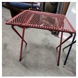Two small metal patio folding tables - Red and Blue - decent sturdy condition. Minor paint wear and a small amount of patina  - each measures 16" W x 16" D x 16.75" H