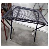 Two small metal patio folding tables - Red and Blue - decent sturdy condition. Minor paint wear and a small amount of patina  - each measures 16" W x 16" D x 16.75" H
