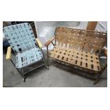 Vintage Aluminum Folding Lawn Chairs - One is a Double Love Seat Folding Chair with heavy patina.  The single chair needs webbing replaced.