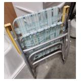 Vintage Aluminum Folding Lawn Chairs - One is a Double Love Seat Folding Chair with heavy patina.  The single chair needs webbing replaced.