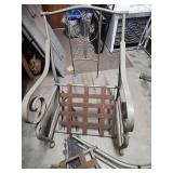 Two decorative metal patio chairs - one partially assembled to show how they go together.  Have all pieces for 2 chairs. One chair needs a strap replaced on the seat.  Minor patina at some of the join