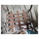 Two decorative metal patio chairs - one partially assembled to show how they go together.  Have all pieces for 2 chairs. One chair needs a strap replaced on the seat.  Minor patina at some of the join