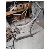 Two decorative metal patio chairs - one partially assembled to show how they go together.  Have all pieces for 2 chairs. One chair needs a strap replaced on the seat.  Minor patina at some of the join